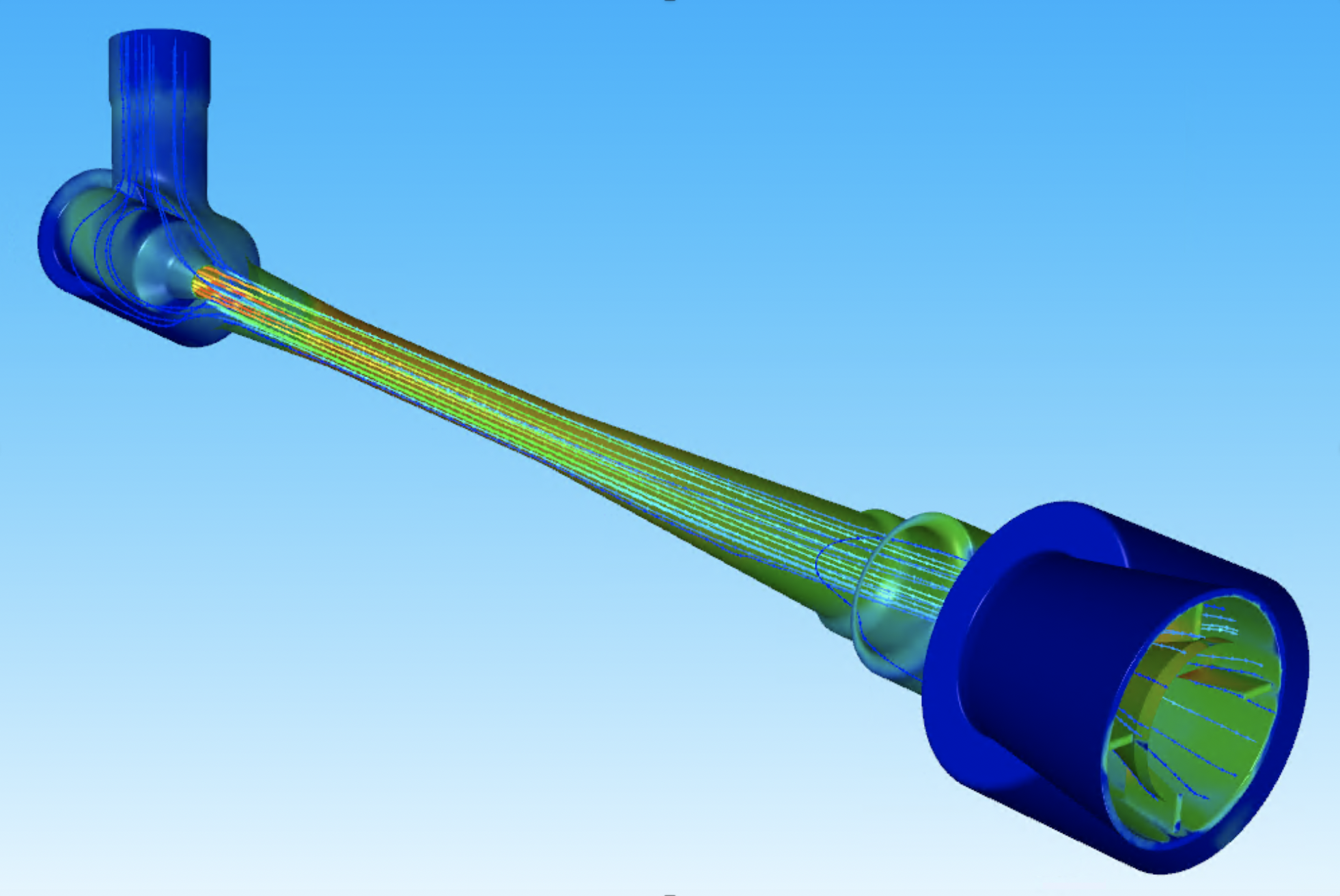 Gas Jet Ejector with the wall surfaces coloured by acoustic power level and path lines coloured by velocity indicating that the high velocity of the jet is the point source for acoustic power generation in the Ejector