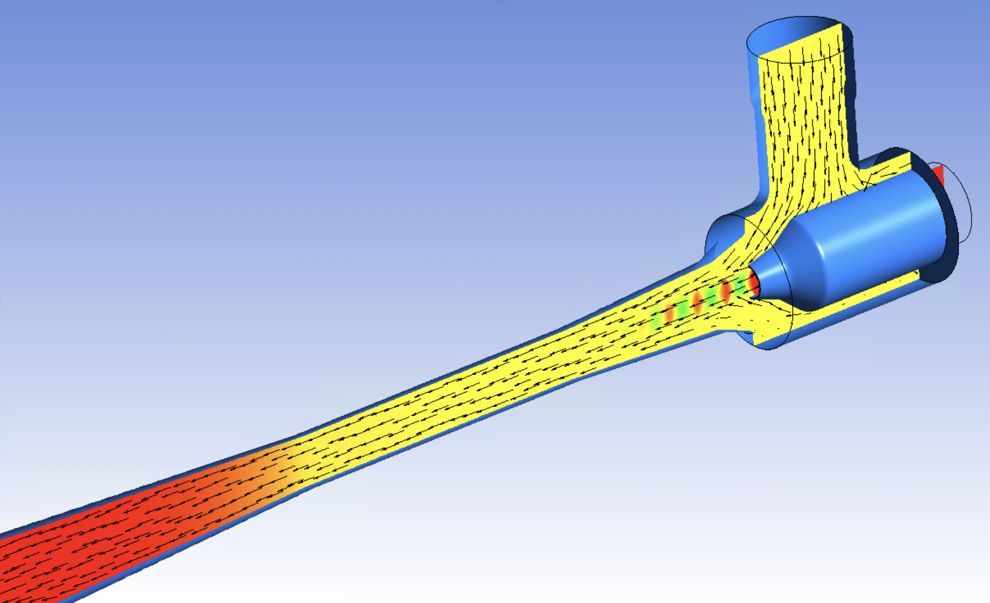 Gas jet ejector (GJE); contours are coloured by pressure showing the shock train development at the motive nozzle.